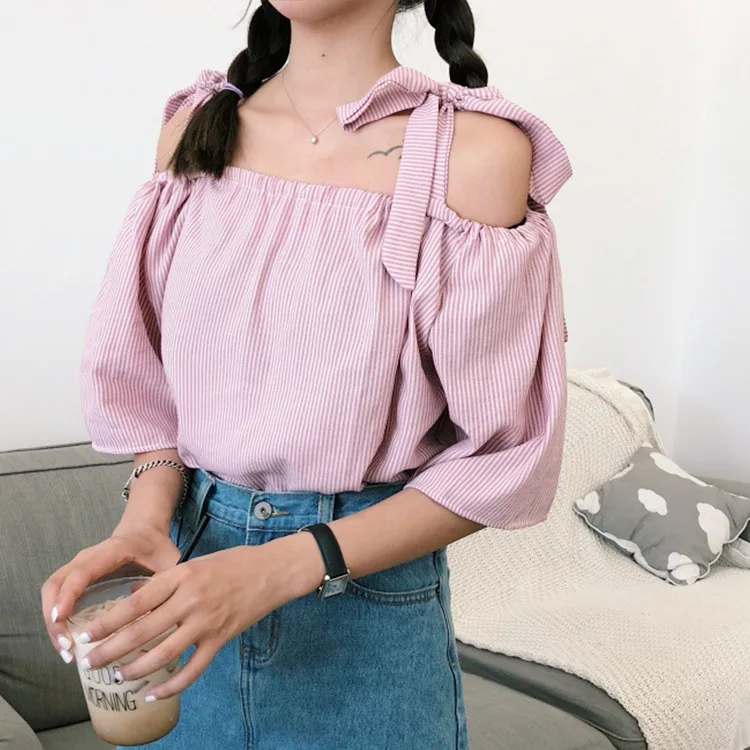 

Off The Shoulder tops Blouses For Women Vertical Striped girls Bandage Slash neck korean style Sweet Short Sleeve pink Loose
