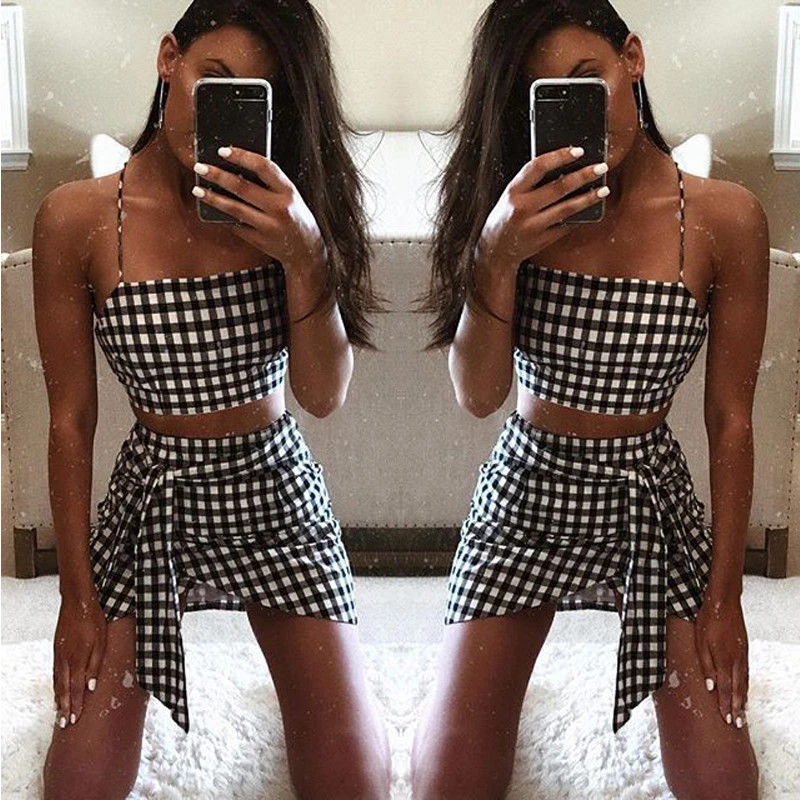 

hirigin 2019 New Ladies Sets Clothes Summer Women Bodycon 2 Piece Outfit Set Dress Party Club Plaid Pattern Hot Selling