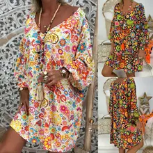 Женские летние платья винтажный цветочный принт глубокий v-образный вырез платья дамен Бохо хиппи Blumen Strand Kaftan Freizeit Hemd