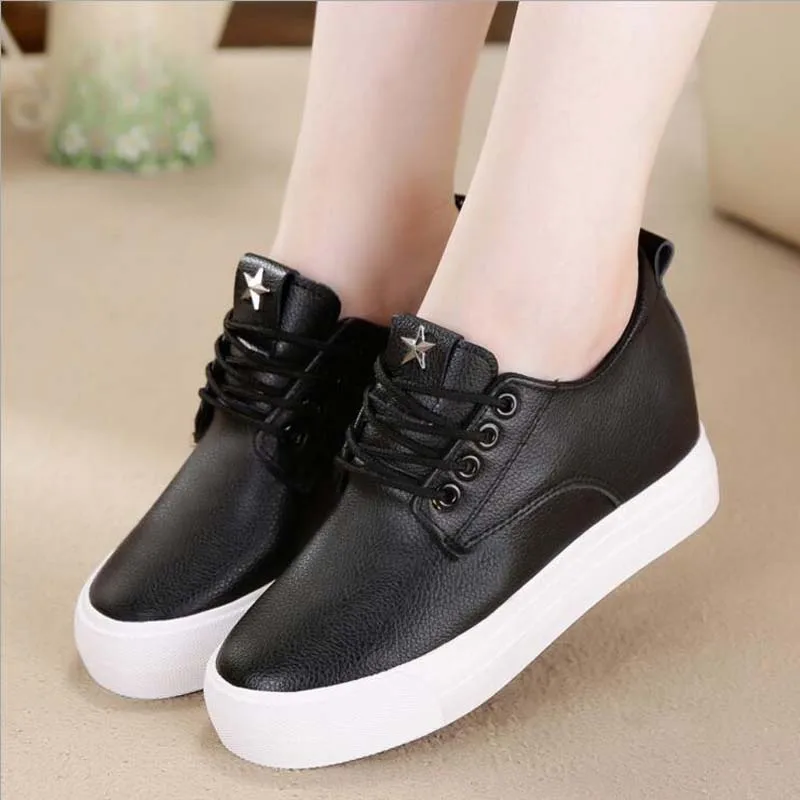 

2018 new spring tenis feminino lace-up white shoes woman PU Leather solid color female shoes casual women shoes sneakers