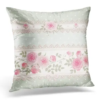 

Throw Pillow Cover Abstract Green Vintage Floral Polka Dot Pattern Lace Bows Pink Roses Shabby Chic Style Flower Pillow Case