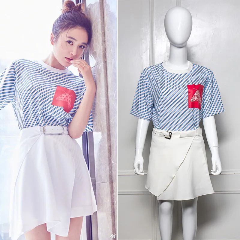 

2019 New Star Same Korean Version of The Sea Soul Shirt Striped Short-sleeved T-shirt Solid Color Women Striped T-shirt Women