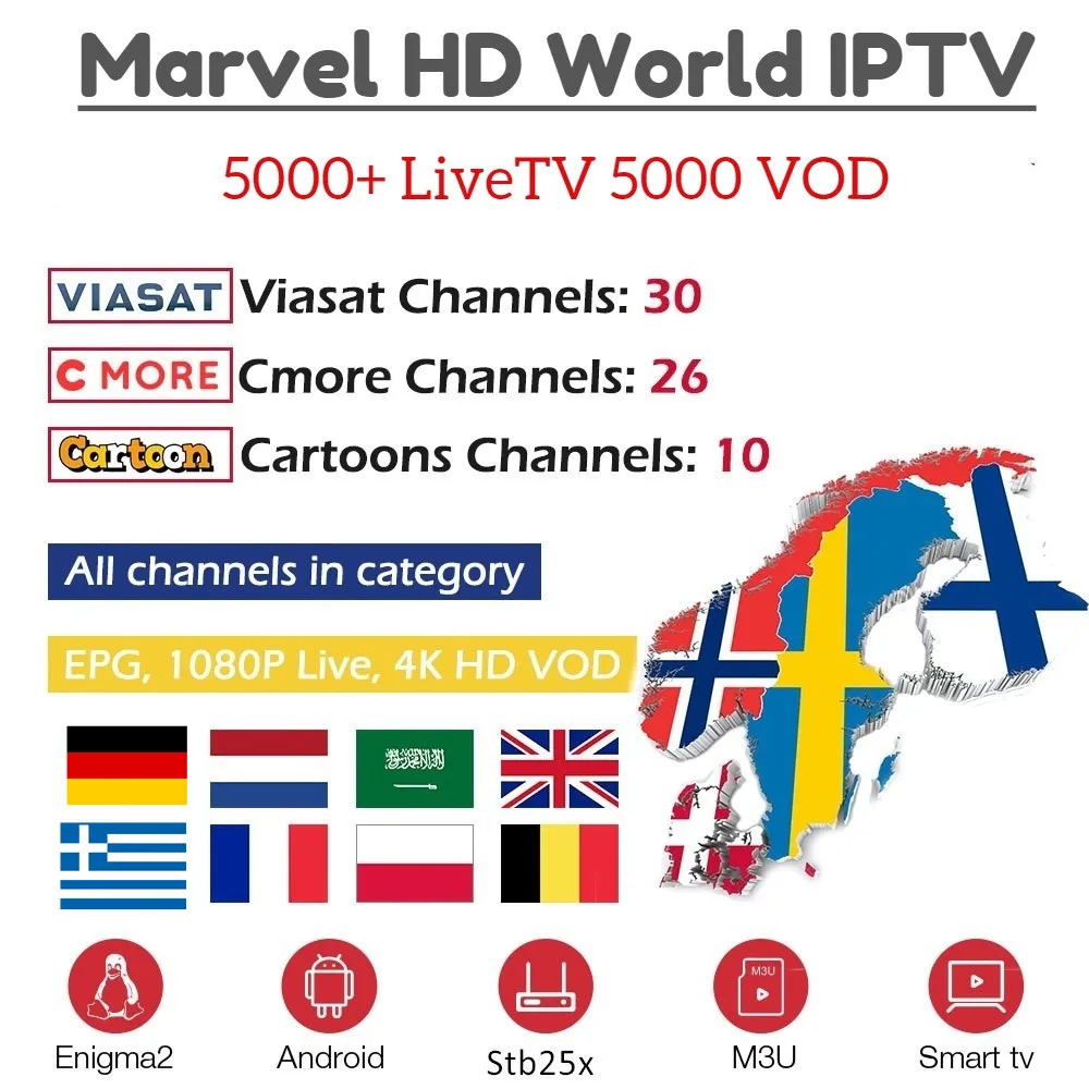 

Best Europe IPTV Marvel HD 5000+ live Nordic Scandinavia IPTV for Sweden Norway Germany france Poland UK Dutch IPTV Smart IPTV