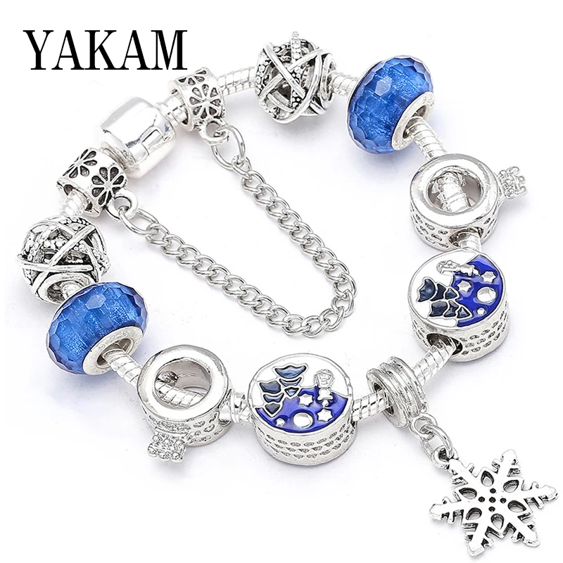 

Crown blue glass beads safe chain love bracelets fit original bracelet snowflake bangles for women girl kid christmas jewelry