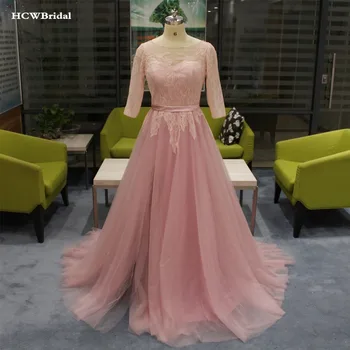

Blush Tulle Lace Evening Dress Backless Half Sleeve A Line Long Elegant Formal Dresses New Custom Made Wedding Party Gown Cheap