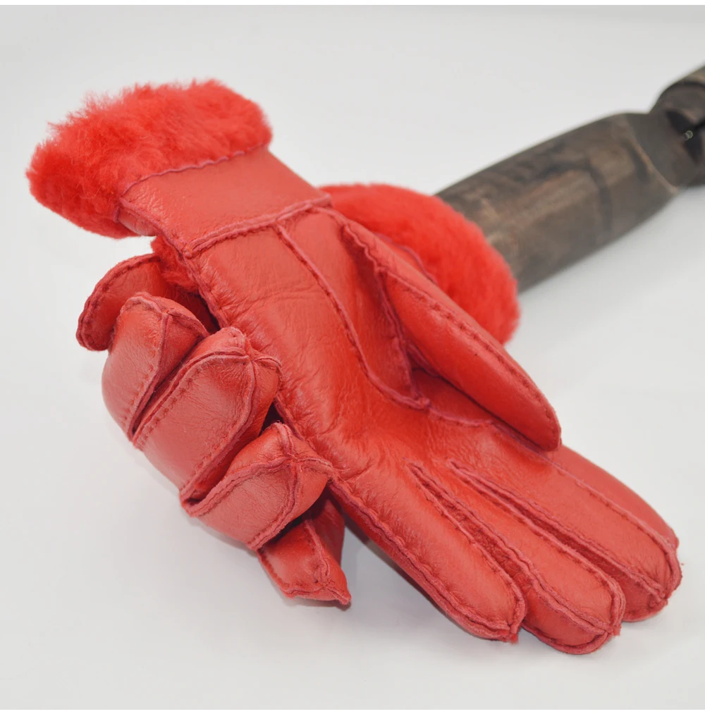 Women New Designer Real Sheepskin Leather Wool Fur Gloves Lovely Girls Sheepskin Leather Very Warm Winter Gloves Mittens