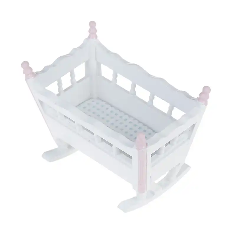 Dollhouse miniature white wooden baby rocking cradle crib nursery rooO/_ EW