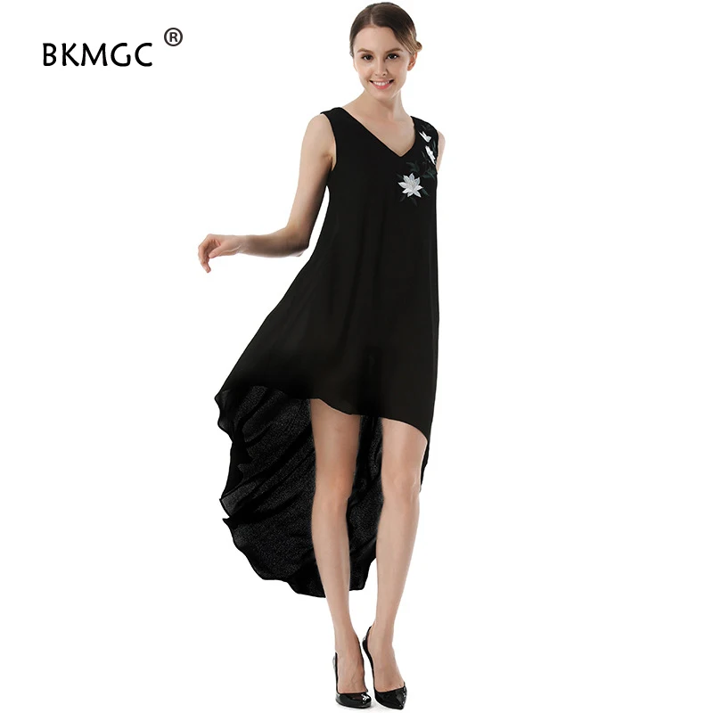 

Women Dress 2017 New Summer V Neck Ddresses Casual Women Clothing Chiffon Sexy Irregular and On the Chest Embroidery Dresses