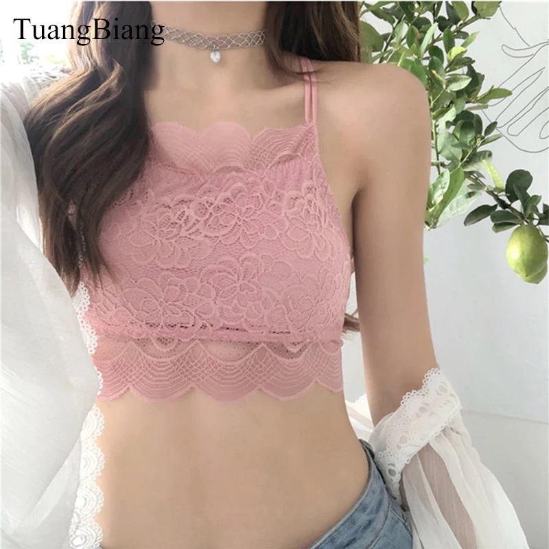 TuangBiang 2018 Sexy Patchwork Tube Top Women Crop Tops Pink Bandeau Lace Wrap Tank Top Autumn Cross strap Seamless Tees Shirts