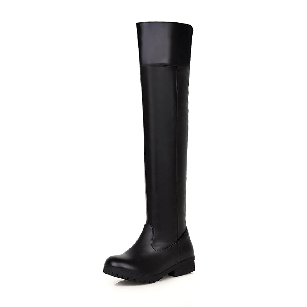 BONJOMARISA/ г. Зимние пикантные ботфорты выше колена размера плюс 34-48, Стрейчевые сапоги женская повседневная обувь на низком каблуке с теплым мехом - Цвет: black thin fur