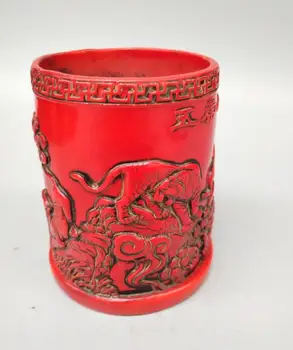 

Chinese imitation red resin Five tigers pen container crafts statu