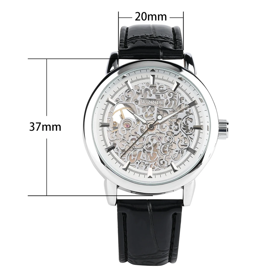 WINNER Watch Men Silver Skeleton Mechanical Hand-Winding Men's Watch Classic Leather Strap Business Male Gear Watch Montre Homme 2019 2020 2021 2022 (9)