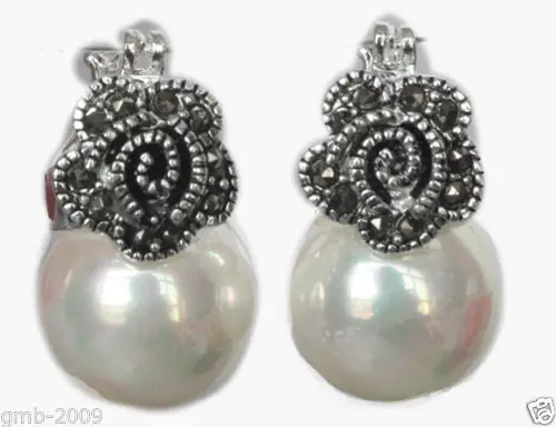 

Lady's White 12mm Shell Pearl Bead Flower Marcasite 925 Sterling Silver Earrings