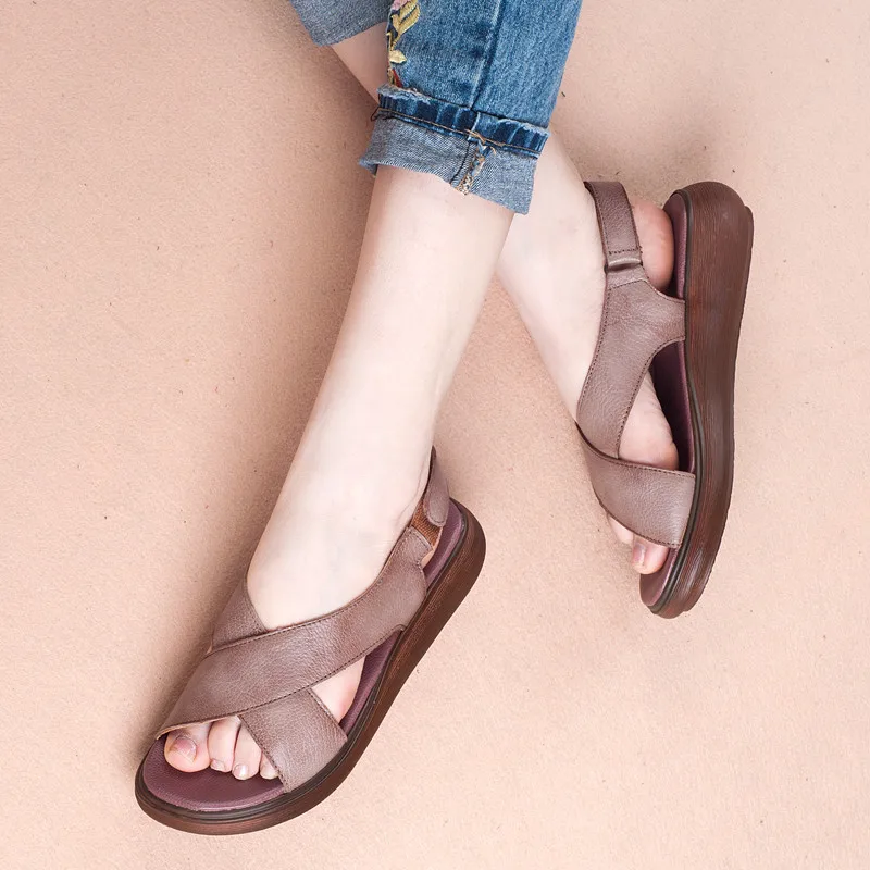 SWONCO/женские сандалии из натуральной кожи; коллекция года; летние сандалии для женщин; черные босоножки на платформе в стиле ретро; женская обувь ручной работы; сандалии - Цвет: Beige
