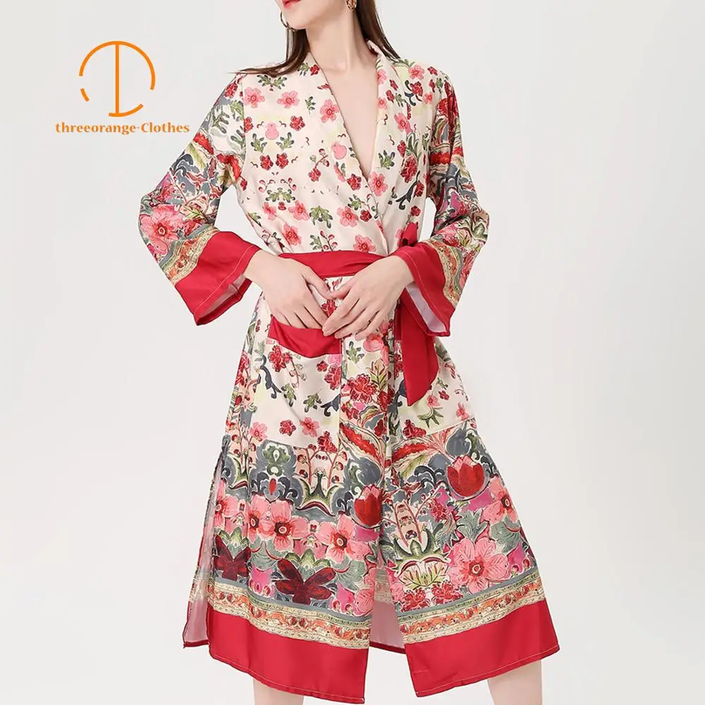 

Bohemian Beach vintage cloak dress women ethnical floral print bow tie sash slit Kimono Casual loose summer holiday cape coat