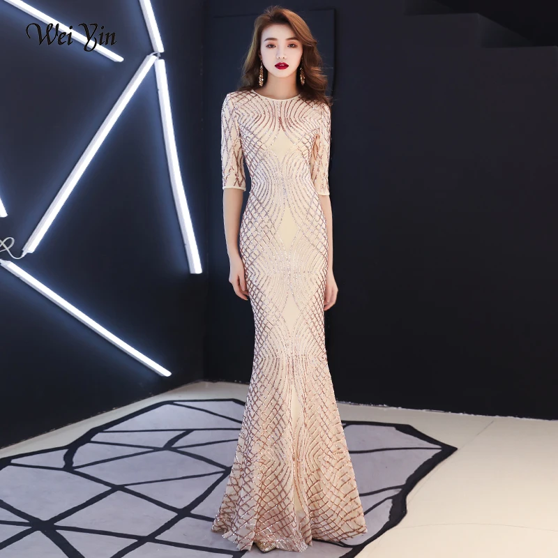 Wei yin 2019 новое женское элегантное платье-Русалка цвета шампанского черное кружевное платье полурукав вечернее платье для Вечерние Длинное