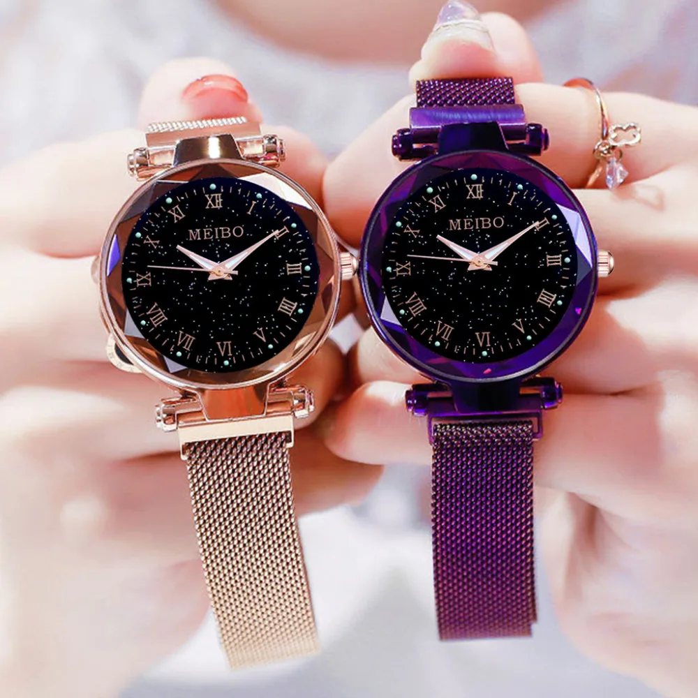 Брендовые модные Звездные женские часы римские цифры Циферблат сетка магнитная пряжка женские кварцевые часы на запястье часы женские часы# W