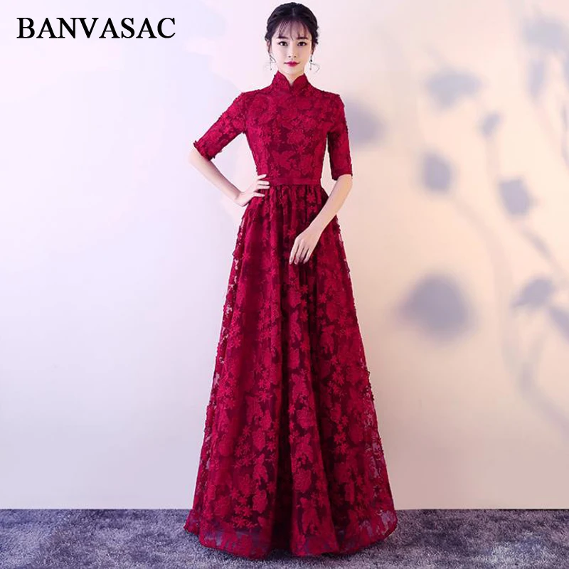

BANVASAC 2018 Vintage High Neck Bow Sash A Line Long Evening Dresses Party Lace Appliques Half Sleeve Prom Gowns