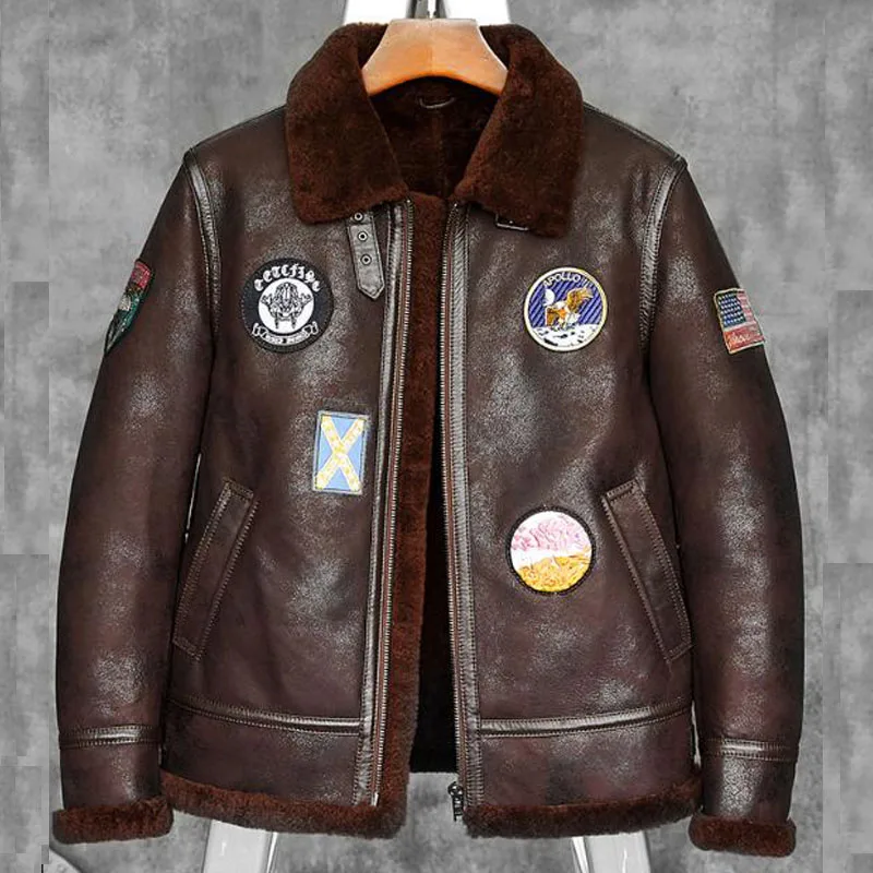 

2018 NEW Mens B-3 Sheepskin Bomber Jacket Shearling Coat American flag armband Short Aviator Fur Coat