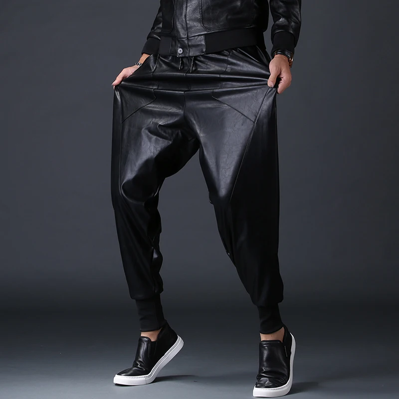 

mens casual nightclub stage clothing faux leather pant loose full length pencil pants motorcycle punk trousers PU leather dress