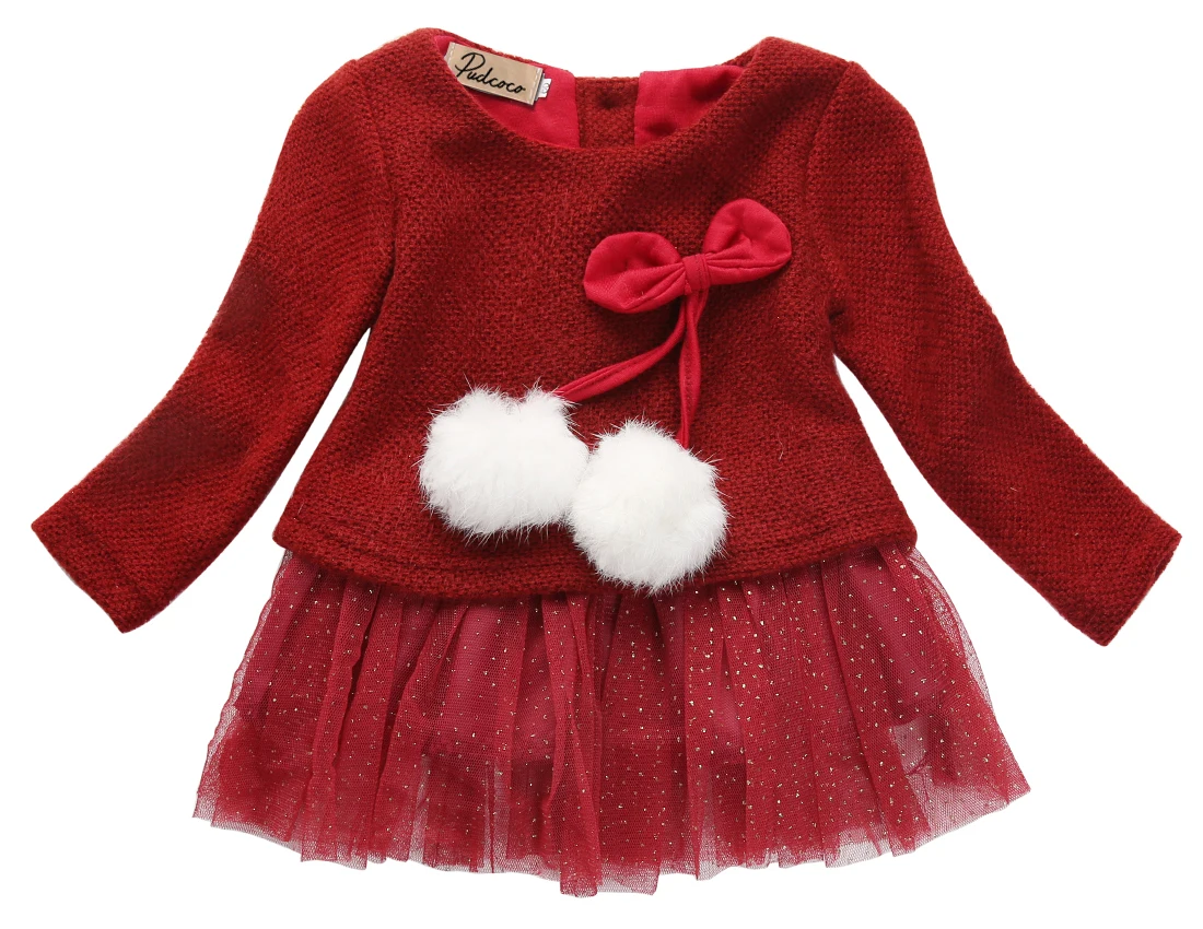 

US STOCK Baby Girls Knitted O Neck Bow Tutu Princess Party Dress Clothes Outfits long sleeve Dresses for baby girls for winter