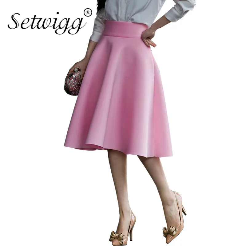 

SETWIGG Autumn Women's Fashion Scuba Midi Skater Skirts Pink Retro Style Zipper Circle Flared Knee Length Spring Skirts SG900