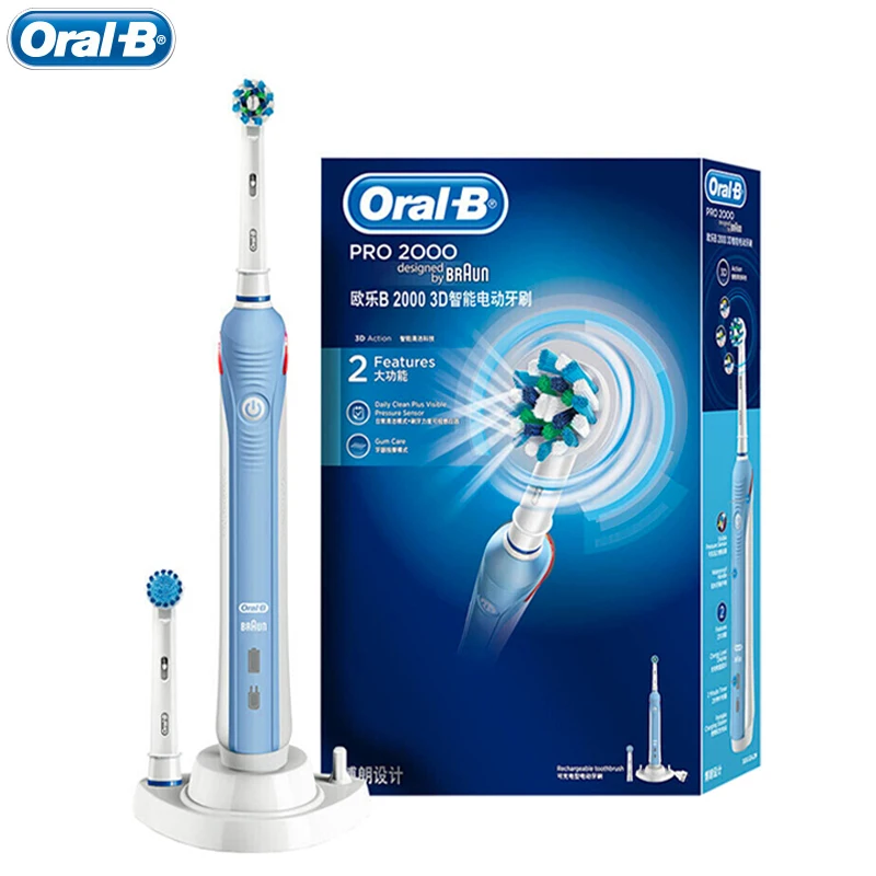 

Oral B Pro2000 3D электрическая зубная щетка, перезаряжаемая зубная щетка, Глубокая чистка, вращающаяся зубная щетка для взрослых, уход за полостью рта, 1 ручка, 2 головки щеток