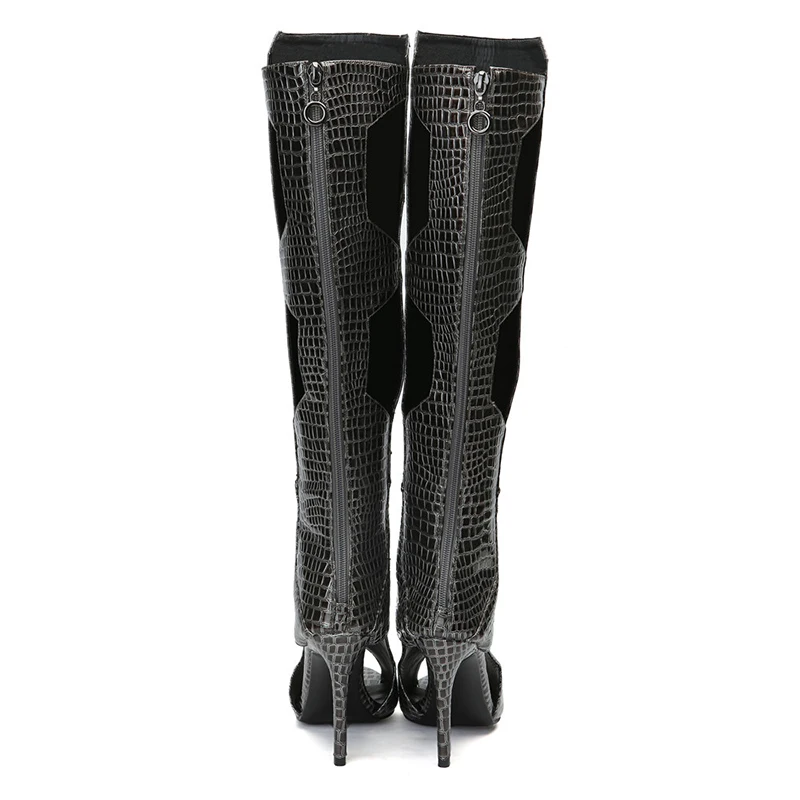 Mujer Botas La Altas Las Toe Negro Recortes Más Mujeres Peep Zapatos Kcenid Alto Rodilla Sexy Larga Tacón De Moda Hasta 2019 Pu Serpiente Primavera CxwqWRA60