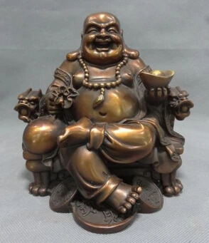

bi003519 China Pure Bronze Wealth YuanBao Dragon Head Happy Laugh Maitreya Buddha Statue