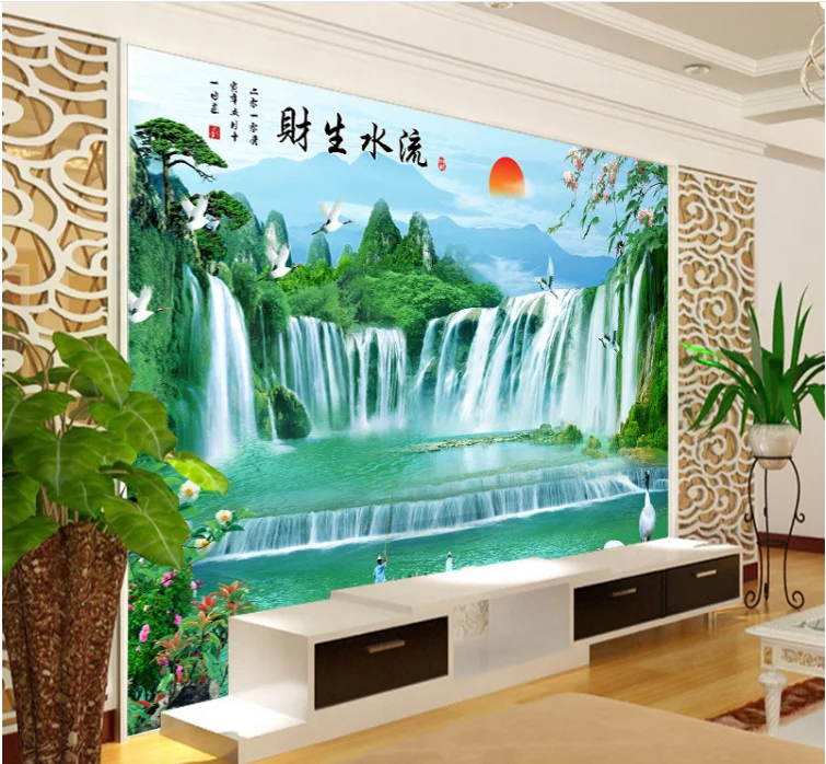 

3D mural for home wall decor with the scenery of mountains and rivers symbol good fortune wallpaper solid