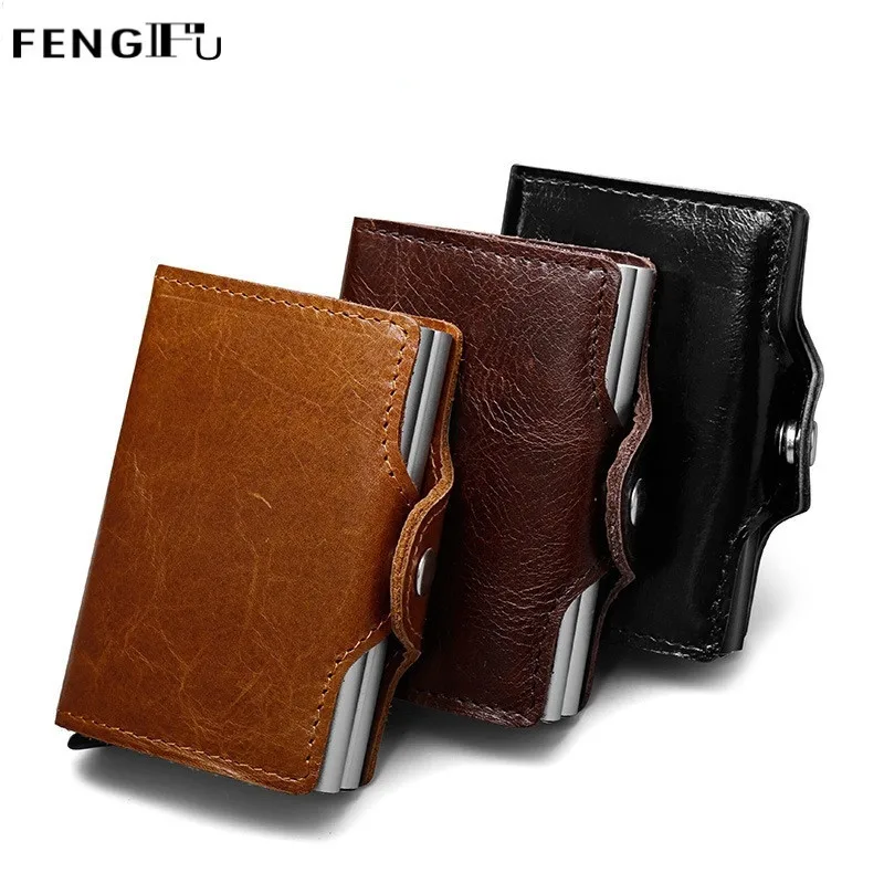 

2019 Genuine Leather Metal Men Card Holder RFID Aluminium Fashion Credit Card Holder With RFID Blocking Mini Wallet
