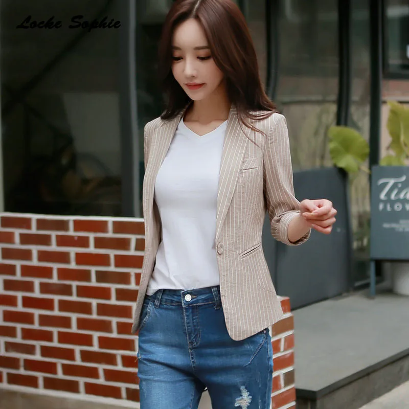 1pcs Women Plus size Blazers coats 2019 Autumn cotton blend Single button stripe Small Suits jackets ladies Skinny Blazers Suits