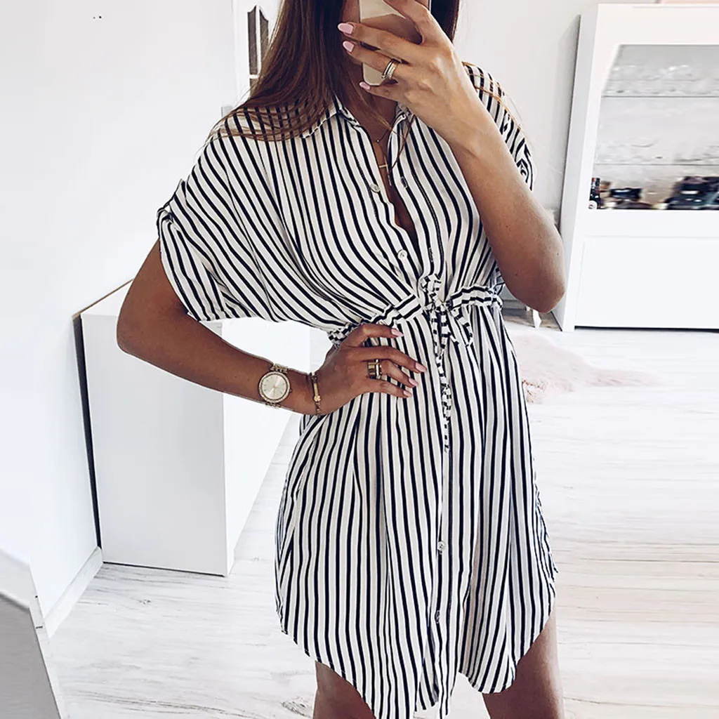 

Fashion Women Stripe Bandage Short Sleeve Notched Dress Turn-Down Collar Casual Dress 2019 New Summer Party Women Dresses