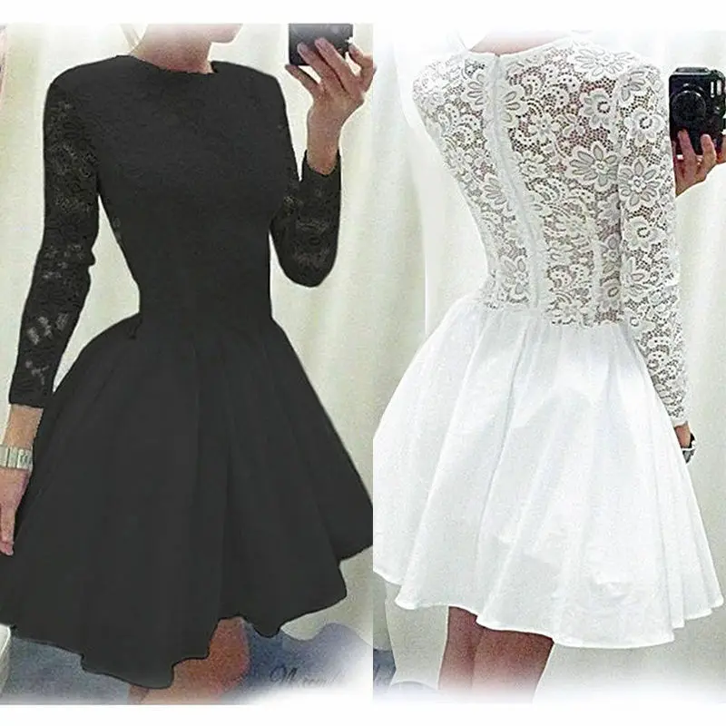 

Women Ladies Fashion Vintage Long Sleeve Lace Stitching Casual Evening Formal Cocktail Party Top Mini A-Line Tutu Short Dresses