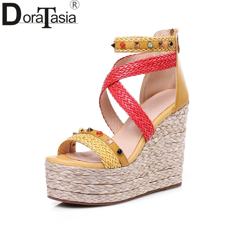 

DoraTasia New women's Genuine Leather Weave Ankle Strap Wedges High Heel Platform Shoes Woman Casual Summer Sandals Size 34-39