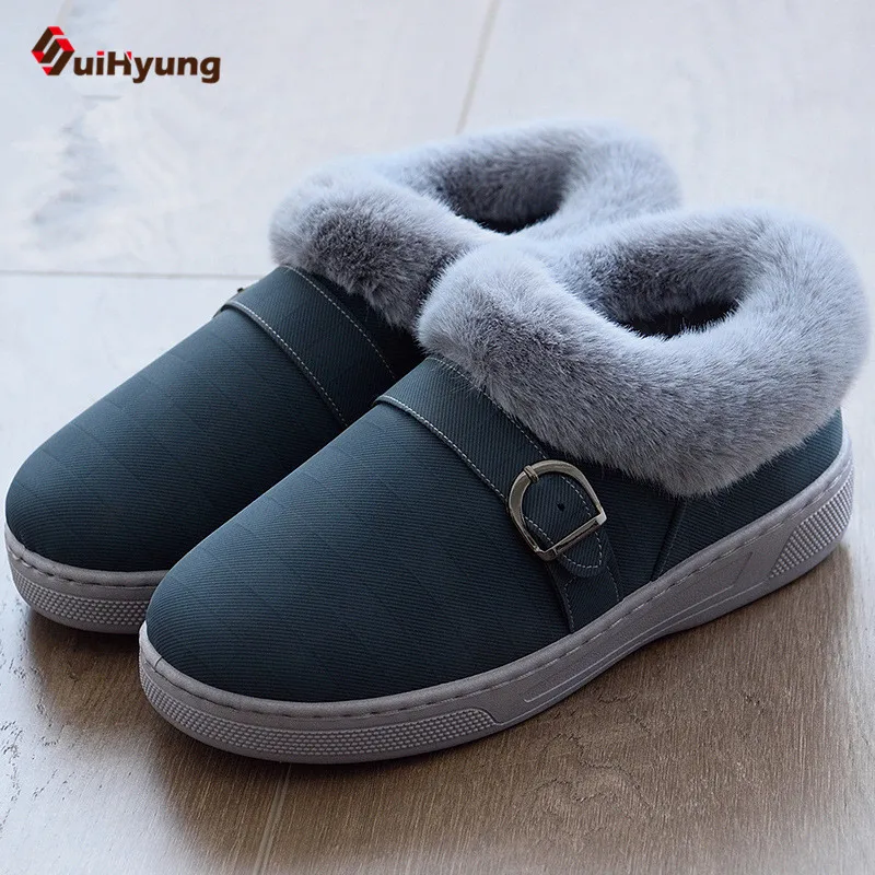 

Suihyung Winter Men's Cotton Shoes PU Leather Thick Plush Warm Indoor Shoes Soft Non-slip Home Slippers Bedroom Floor Slippers