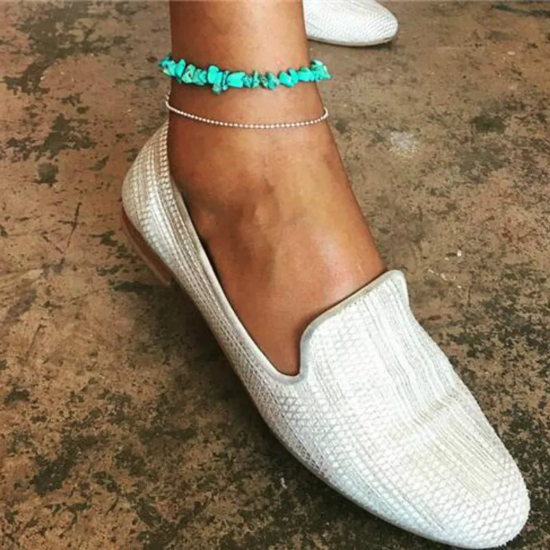 

Bohemian Irregular Turquoises Stone Anklets Double Strand Silver Beaded Chain Ankle Bracelets Women Fashion Beach Foot Jewelry