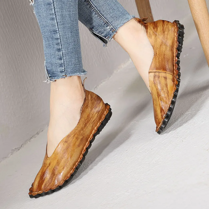 

2019 Ballet Flats Shoes Woman Round Toes Genuine Leather Handmade Vintage Comfort Soft Lady Loafers Moccasins