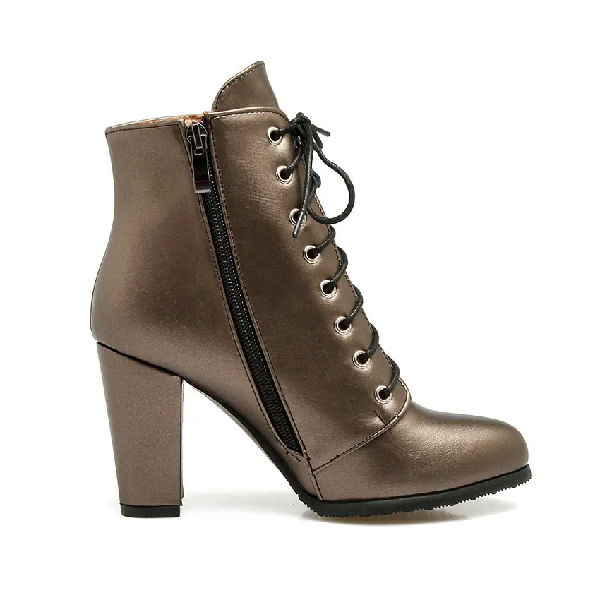 QUTAA/ г. Женские ботильоны из искусственной кожи, модные Универсальные женские ботинки с острым носком на высоком квадратном каблуке, серебристого цвета, на шнуровке размеры 34-43