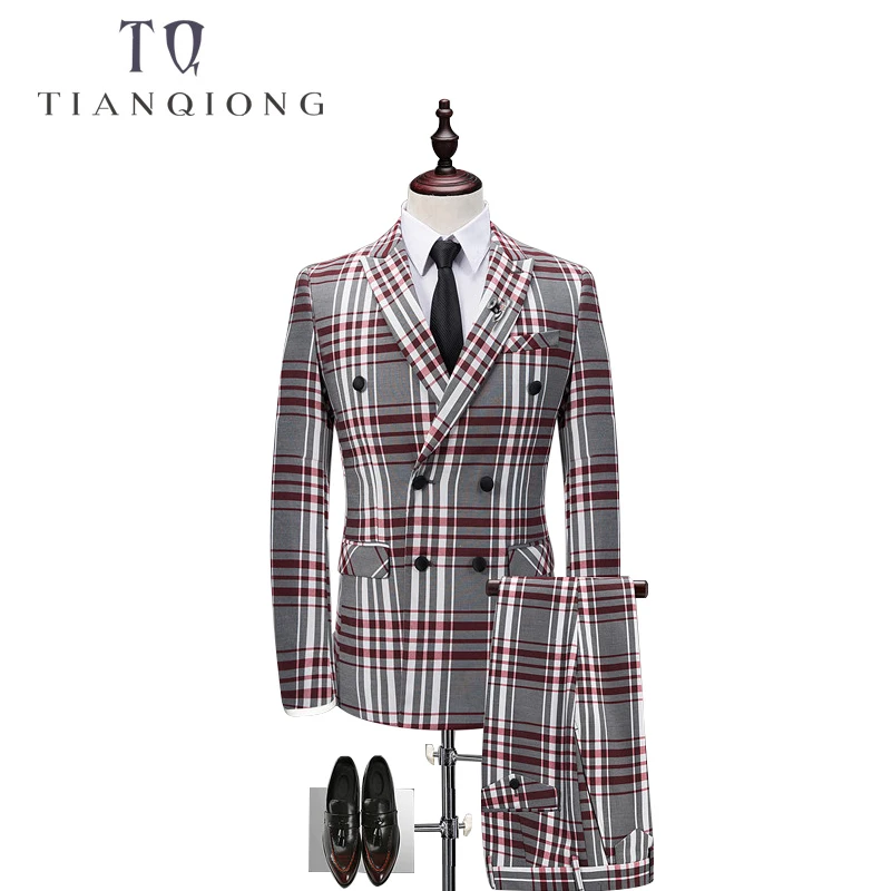 TIAN QIONG Plaid Double-breasted 3 Piece Suit Men Korean Fashion Business Mens Suits Designers 2018 Slim Fit Wedding Suits Men