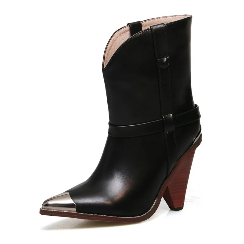 

US4-11 Womens Pointed Metal Toe Ankle Boots Genuine Leather Spike High Heels Pull On Western Shoes 5Colors Plus Size New A1312
