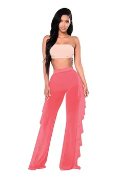 

2019 Sexy Women Beach Mesh Ruffles Sheer Wide Leg Pants Bikini Cover Up Trousers