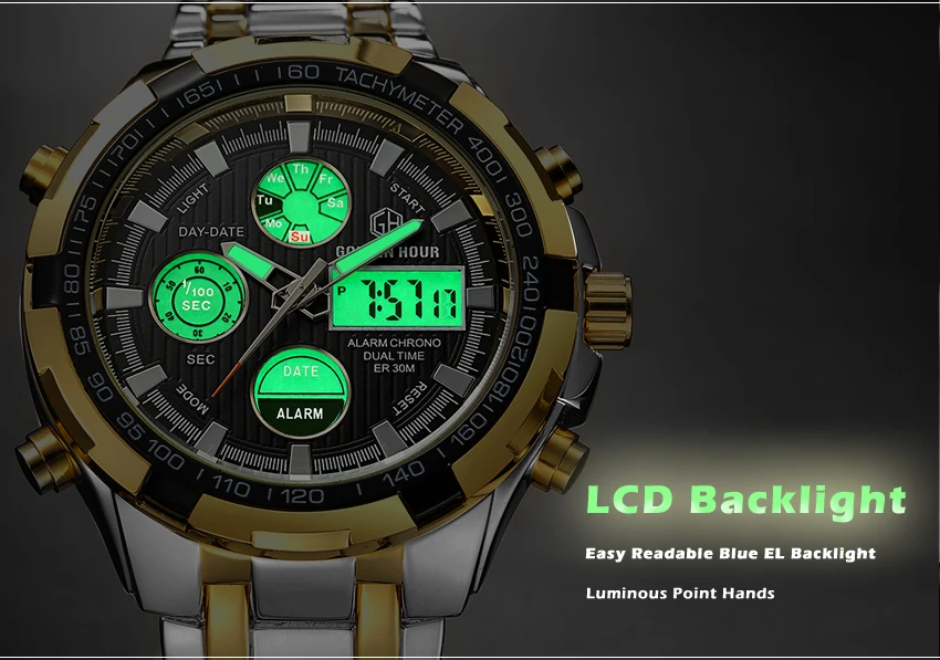 GOLDENHOUR Модный Топ бренд для мужчин аналоговый цифровой кварцевые часы для мужчин s нержавеющая сталь ремень бизнес наручные