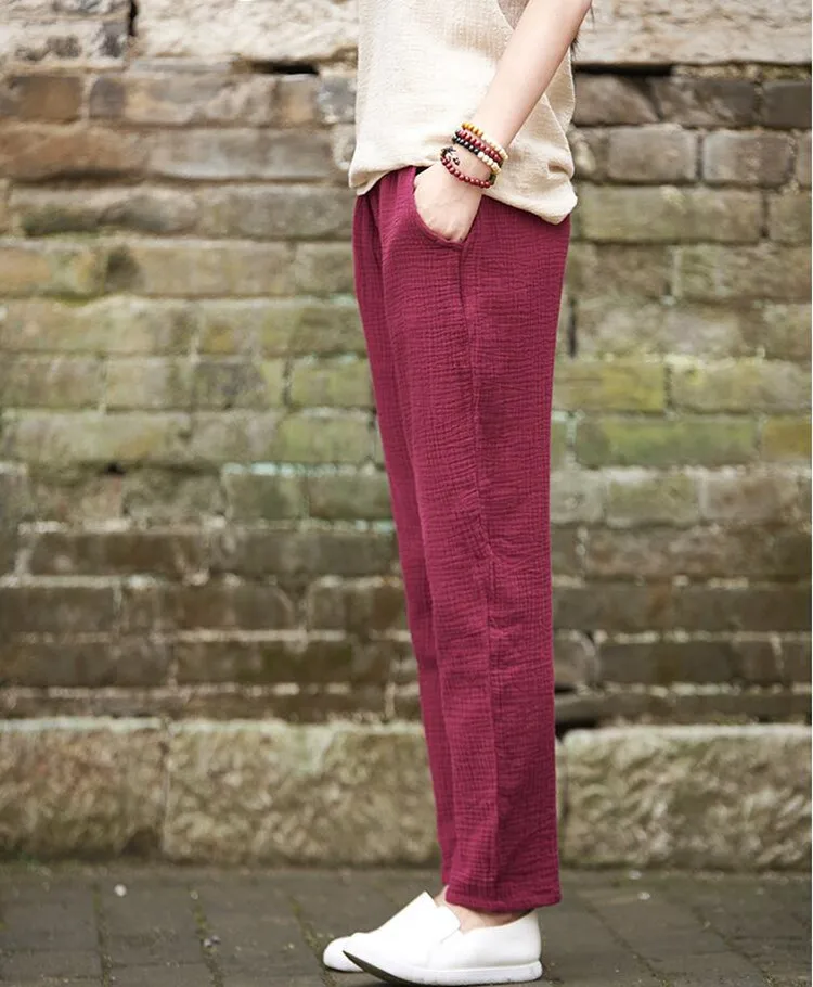 Размера плюс M-7XL элегантные двухэтажные хлопок Для женщин однотонные Цвет Повседневное свободного кроя с карманами с эластичной резинкой на талии, брюки-карандаш Женская одежда