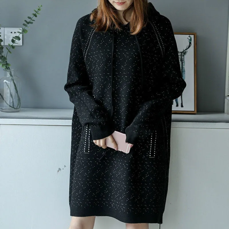 

[EWQ] 2019 New Spring Winter Hooded Collar Long Sleeve Sweater Splice Dot Loose Hem Pockets Pullovers Women Fashion Tide OC771