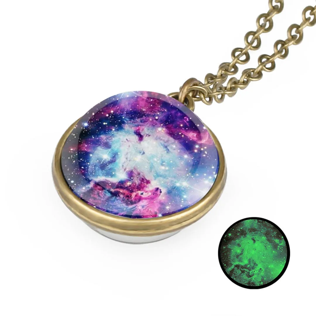 Glow In The Dark Long Chain Necklace Jewelry For Women Men Trendy Two Sides Glass Ball Universe Galaxy Nebula Space Necklace