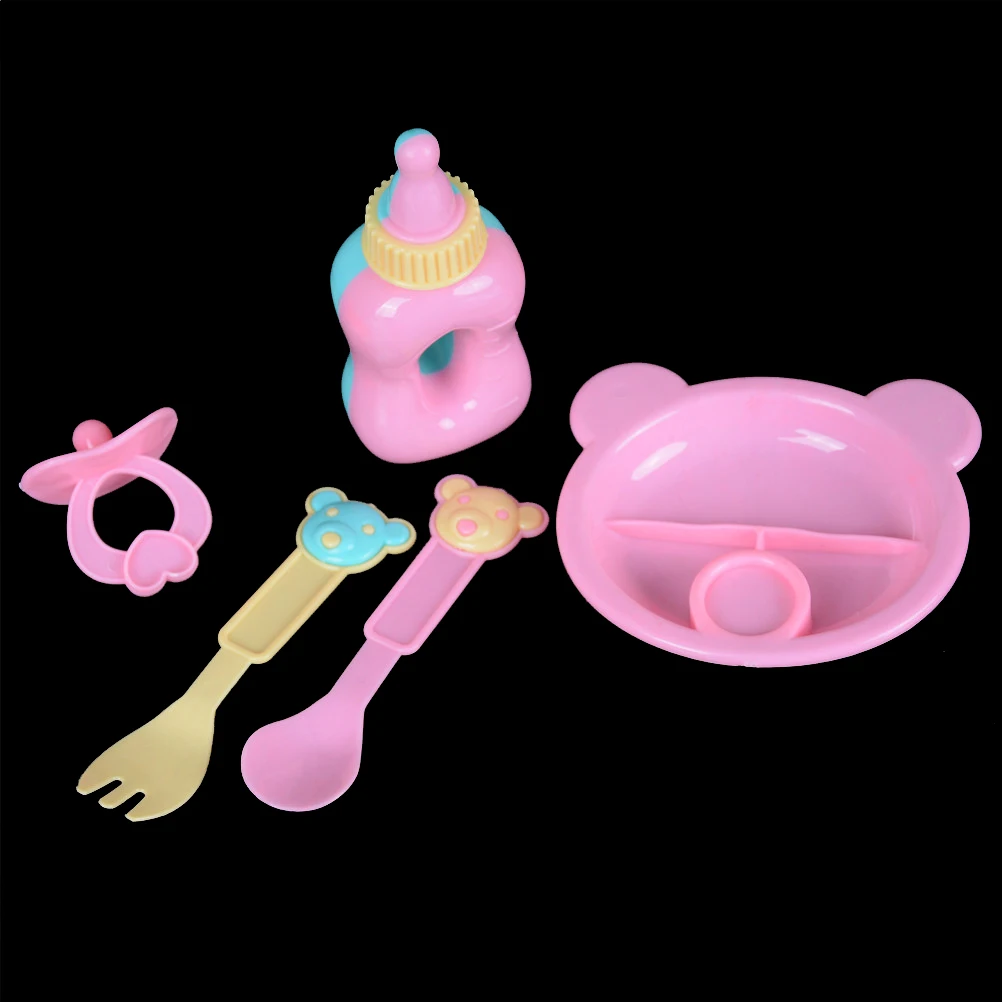 5pcs/set Simulated Doll Tableware Four Sets For 43cm baby Doll Accessories(milk Bottle+forks+nipple+Dinner Plate