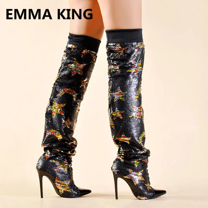 Блеск Bling Star Moon принтами женские ботфорты выше колена острый носок пикантные туфли на высоком тонком каблуке женские высокие сапоги до бедра