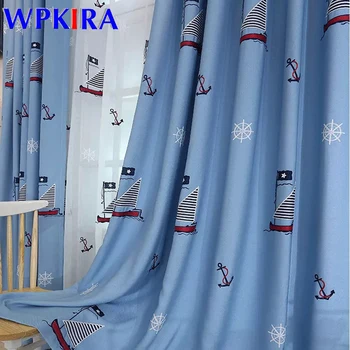 

Sailboat Embroidered Children Curtain for Baby Boys Room Blue Shading Curtain for Bedroom Window Panel Sheer Voile Drapes AD0473