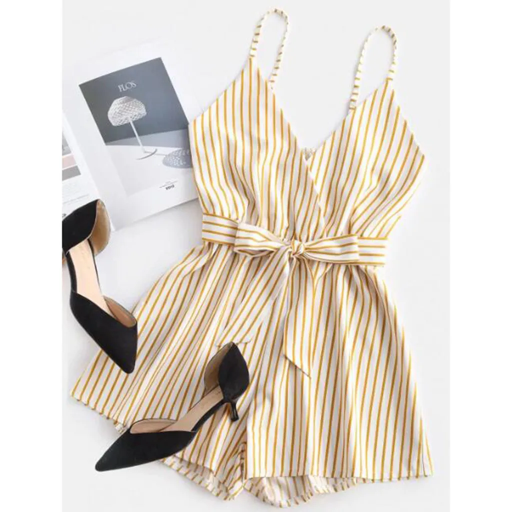 

Striped Playsuits Sexy Sashes Overalls Rompers Women Shorts Sleeveless Summer Bodycon Femme Beachwear Girl Short Jumpsuit Cami